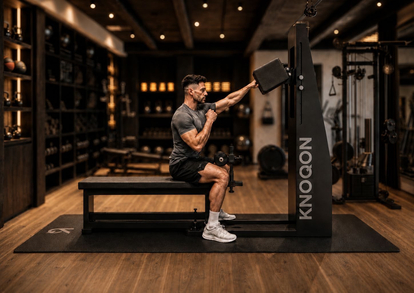 Seated punch on the KNOQON machine in a warm-lit gym