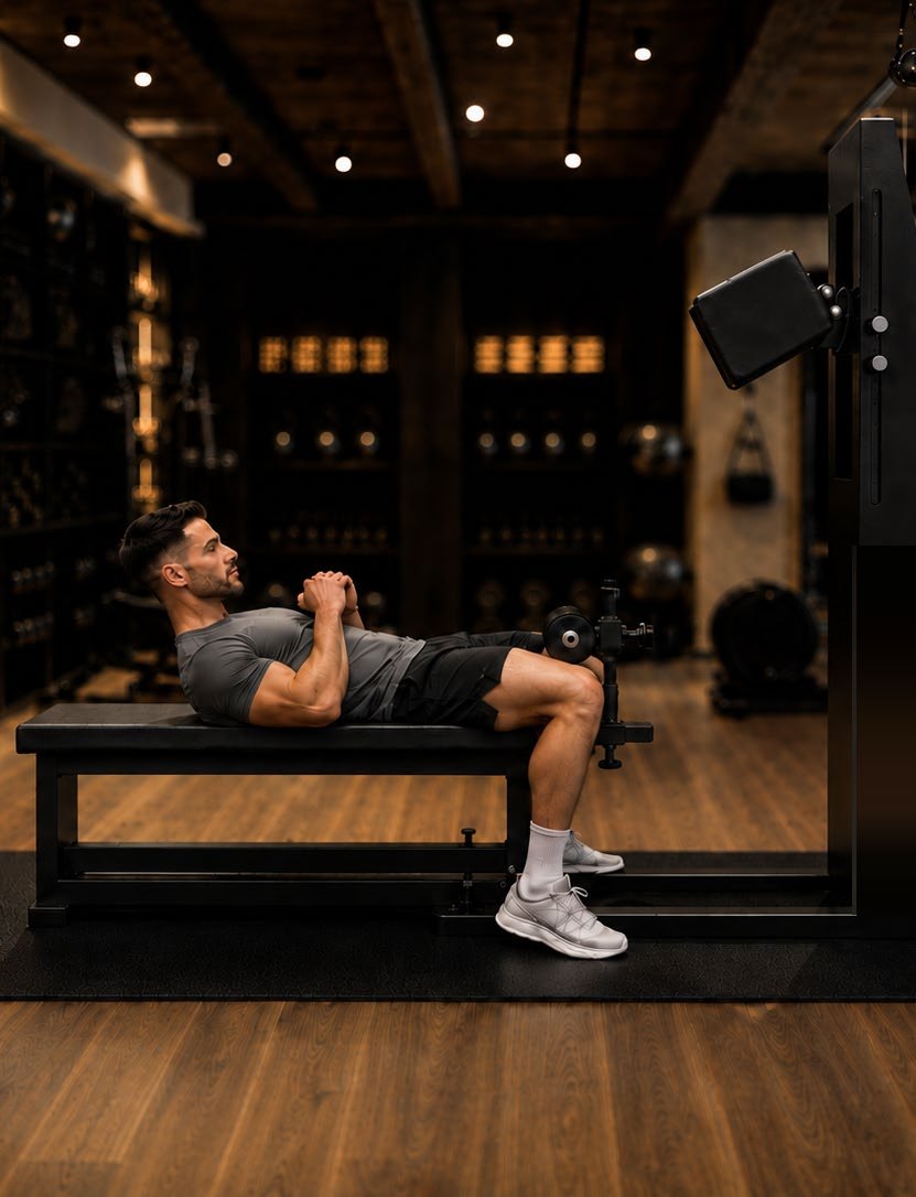 Lying-back crunch on the KNOQON machine, side profile
